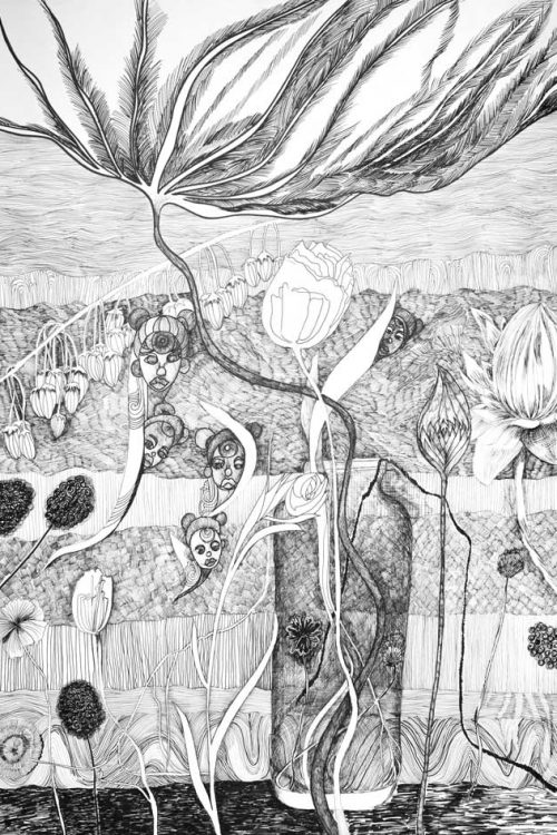 Dessin Feuille lotus en stylo noir